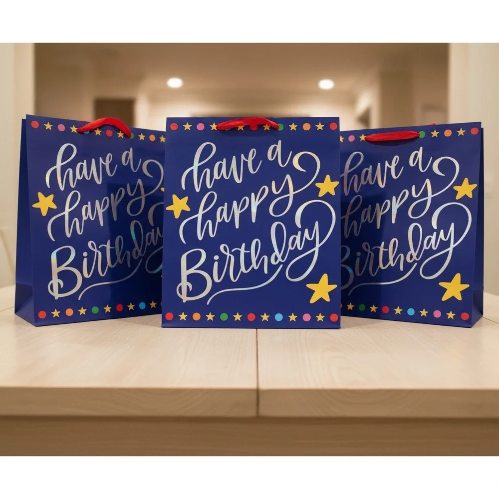 Set of 3 Large Happy Birthday Gift Bags Red‎ Multi Color Lettering 19x15